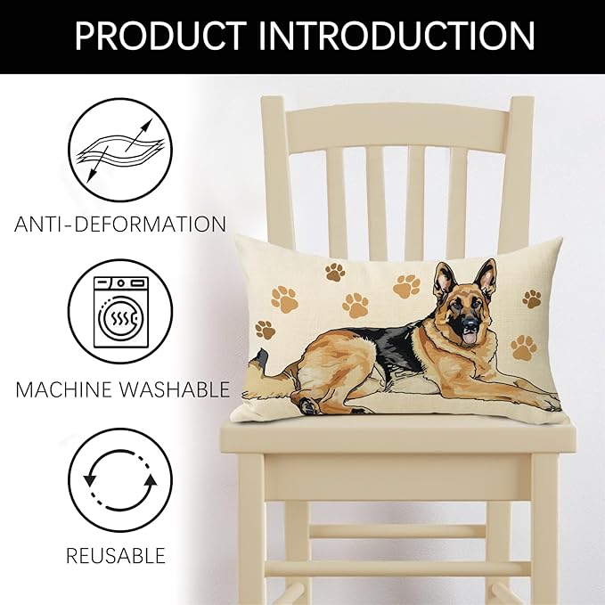 German Shepherd Dog Lumbar Decorative Throw Pillow Cover 12 x 20, Rectangular Paw Prints Outdoor Home Decor Pet Owner Lover Gift, Sofa Couch Cushion Case Housewarming Gifts