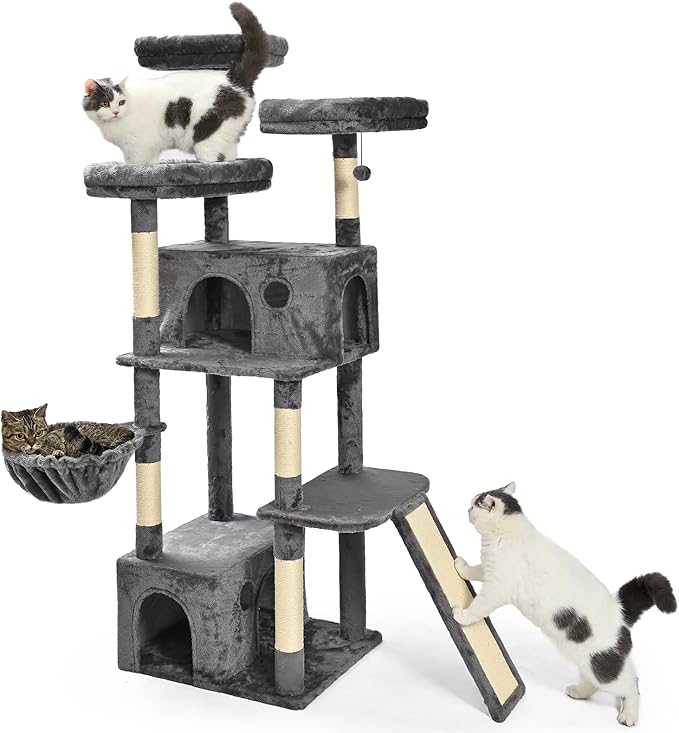 Amazon Basics Large Cat Tree Tower, Multi-Level Activity Center with 2 Large Condos, Multiple Sisal Scratching Posts and Hanging Pompoms, Gray, 68 Inches