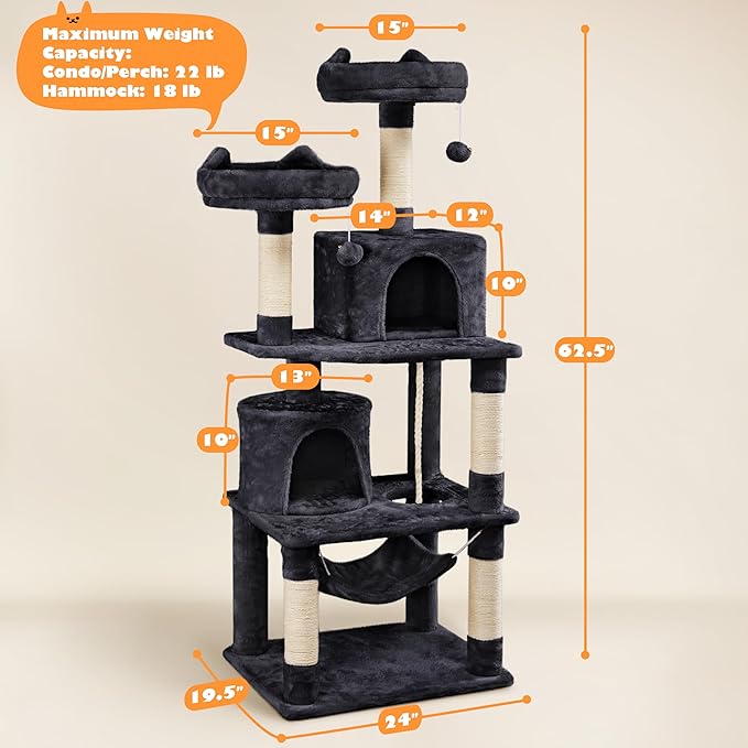 Topeakmart 62.2 inches Cat Tree, Cat Tower w/Double Condos, Scratching Posts & Hammock, Cat Activity Tree Kitten Play House, Black