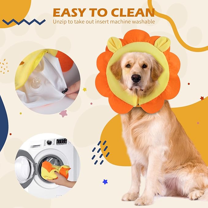 IEUUMLER Inflatable Recovery Dog Collar, Protective Donut Cone, Adjustable Soft Collar for Dog and Cat After Surgery Prevent from Biting & Scratching EU002 - Orange Lion L
