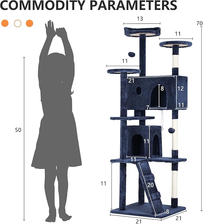 70 Inch Navy Blue Cat Tree, Tall Cat Tower with 2 Condos, 3 Scratching Posts, Multi-Level Platforms - Sturdy Climbing Structure Tall Cat Tower for Indoor Cats