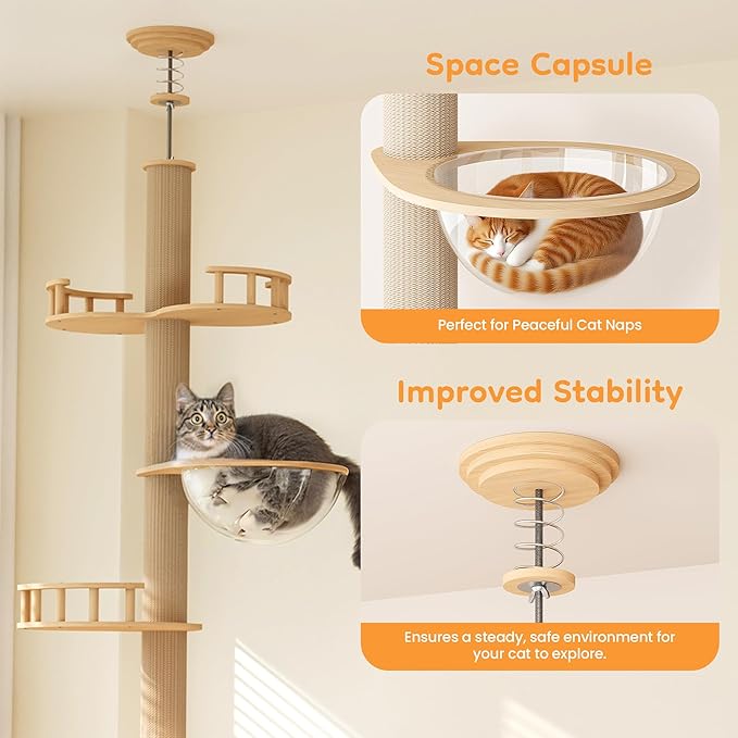 Floor to Ceiling Cat Tree Tower with Adjustable Height(98-106 Inches), Climbing Tower with Thickened Scratching Posts, Cats Activity Center with Cozy Hammock & Capsule