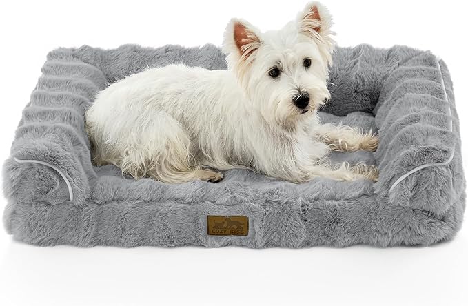 Faux Rabbit Fur Orthopedic Dog Bed, Dog Bed for Medium Size, Supportive Foam Pet Sofa with Waterproof Lining Cover, Washable U-Shaped Pet Couch with Anti-Slip Bottom, Grey M 30x20x6.5 inch