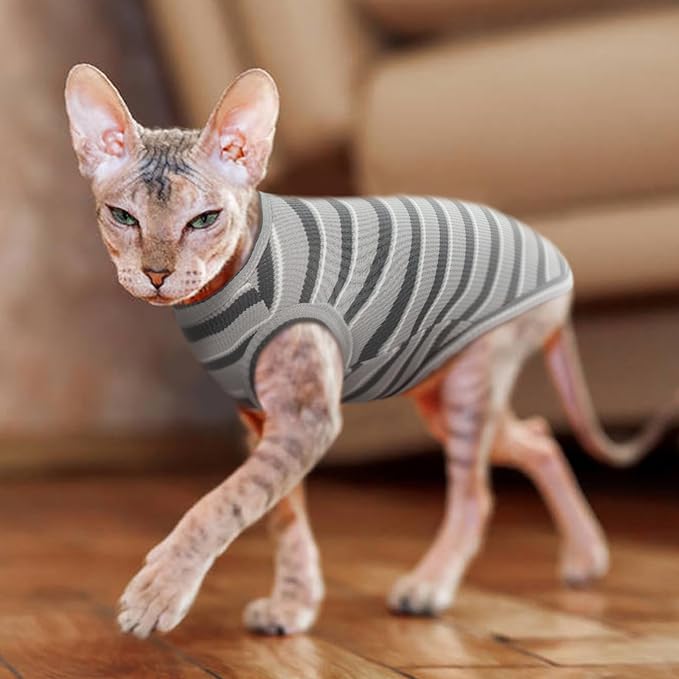 BRKURLEG Hairless Cats T Shirt, Cat Sweaters, Pullover Kitten Shirts, Sleeveless Round Collar Cotton Vest for Cornish Rex Devon Rex Peterbald and Small Dogs Sweater(Grey Stripes, XL)