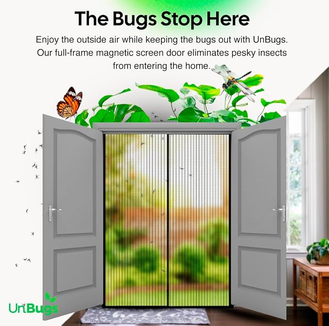 UnBugs Magnetic Screen Door - Fits French Door & Double Doors up to 50 x 82 Inches MAX - Pet & Kid Friendly, Self-Closing - Hands Free Magnet Closure Keeps Bugs Out & Breeze in