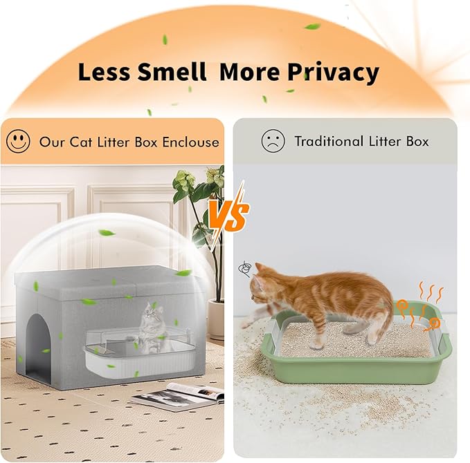 Cat Litter Box Enclosure Furniture for Odor Control, Hidden Cabinet Cats Litter Ottoman with Flip-Up Lid,Cat Litter Box Bench with Storage Space, Dog Proof (Light Grey, Large)