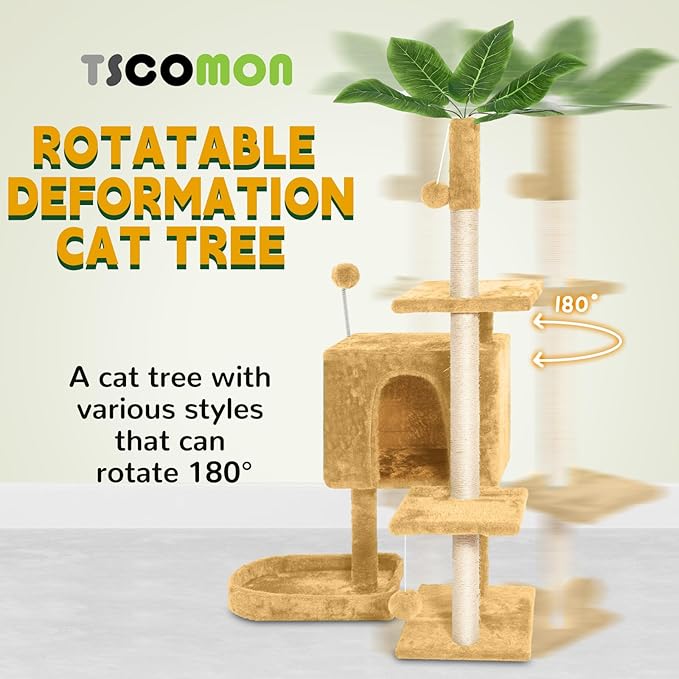 52in Multi-Level Cat Tower with Sisal Scratching Posts, Hidden Cave & Perch Platform, Large Cat Condo for 1-3 Cats, Eco-Friendly Pet Furniture with Realistic Leaves, Beige