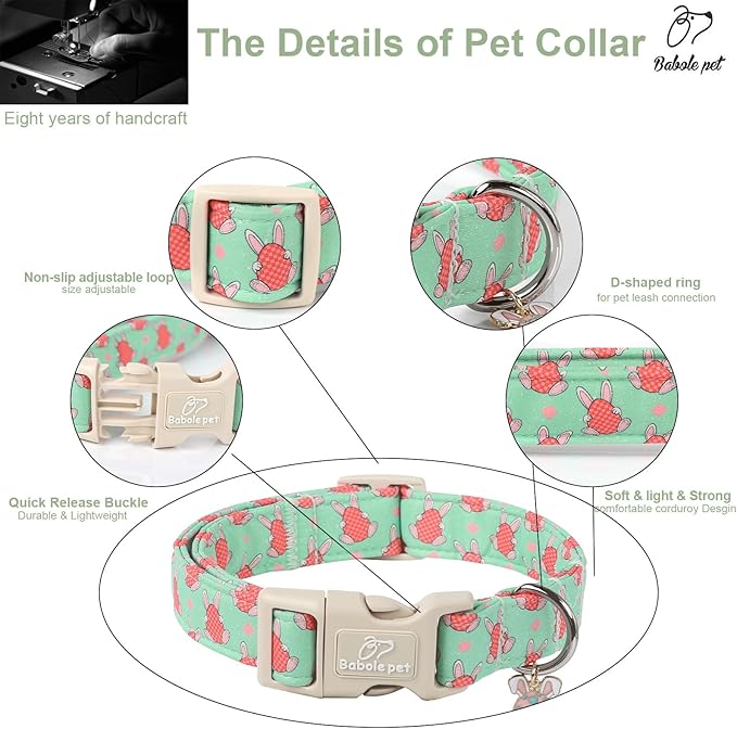 Easter Dog Collar for Small Dogs - Green Bunny Egg Dog Collars, Cute Boy Girl Dogs Easter Collar, Adjustable Spring Holiday Pet Collars with Quick Release Buckle XS