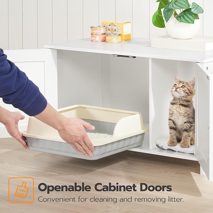 HOOBRO Litter Box Enclosure, Cat Litter Box Furniture with Removable Divider, Large Hidden Litter Box Furniture, Wooden Cat House, End Side Table, 31" L x 17.5" W x 19.7" H, White WT03MW01G2