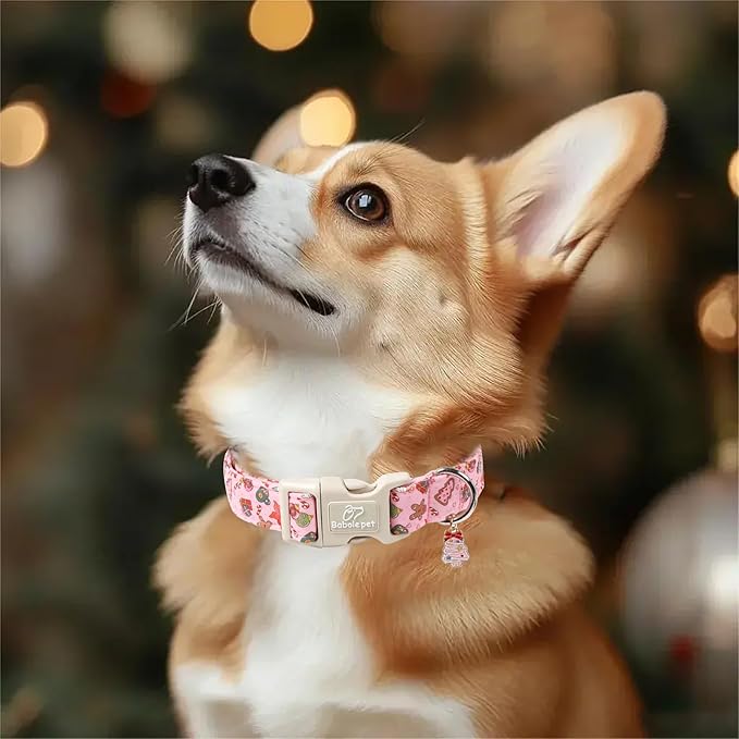 Christmas Dog Collar - Cute Pink Cozy Christmas Puppy Collar with Safety Buckle, Soft Adjustable Holiday Dog Collars for Small Medium Large Dogs L
