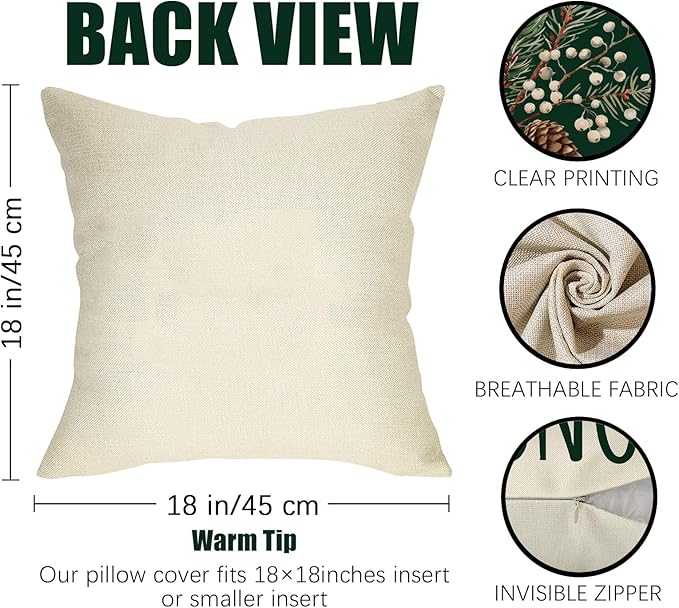 Fahrendom Winter Vibes Green Decorative Throw Pillow Covers 18 x 18 Set of 4, Let It Snow Pine Cones Needle Berry Porch Patio Outdoor Pillowcase, Christmas Seasonal Sofa Couch Cushion Case Home Decor