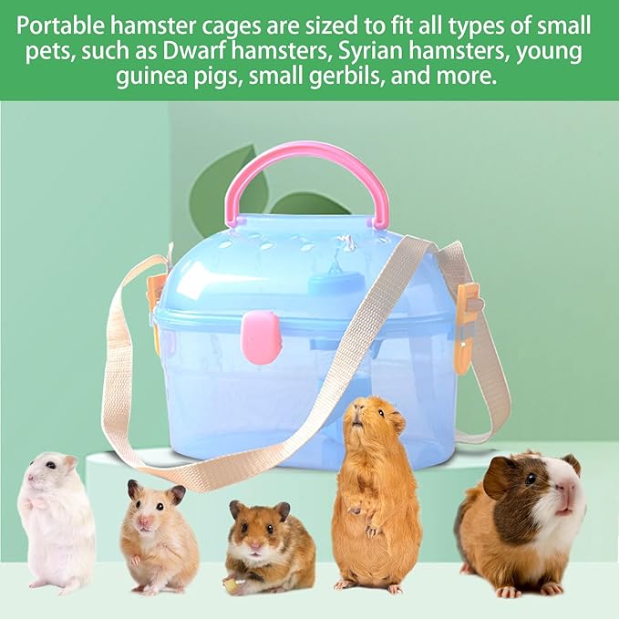 Portable Hamster Cage Syrian Hamster Carry Travel Cage with Water Bottle Food Bowl Adjustable Strap Small Animals Outgoing Cages for Gerbil Squirrel Guinea Pig Chinchilla Hedgehog Blue