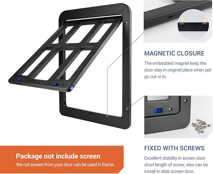 PETLESO Small Pet Door for Screen & Sliding Doors - 8.3" x 10.3" Magnetic Auto-Close Flap with Lockable Insert, Ideal for Cats & Small Dogs, Black