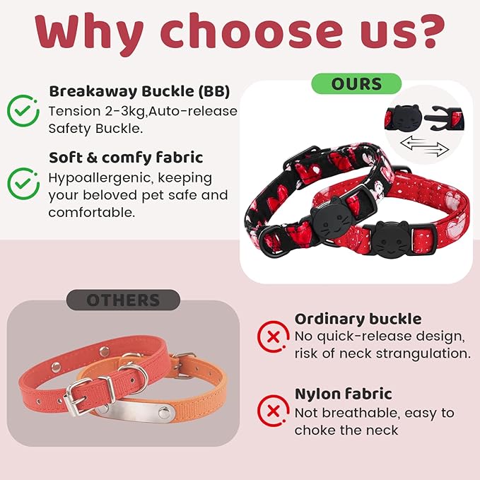 Valentine Cat Collar-2 Pack Collars Red and Black Heart Print Breakaway with Kitten and Bell Pendant Safety Buckle Adjustable Pet Collar for Cats Gift for Cats and Small Pets