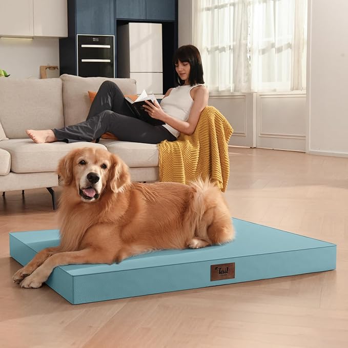 Outdoor Extra Large Dog Crate Bed, XXL Waterproof Dog Bed for Giant Breeds Dogs, 47x29 Inch Orthopedic Egg Crate Foam Pet Mat with Removable Cooling Cover, Light Blue