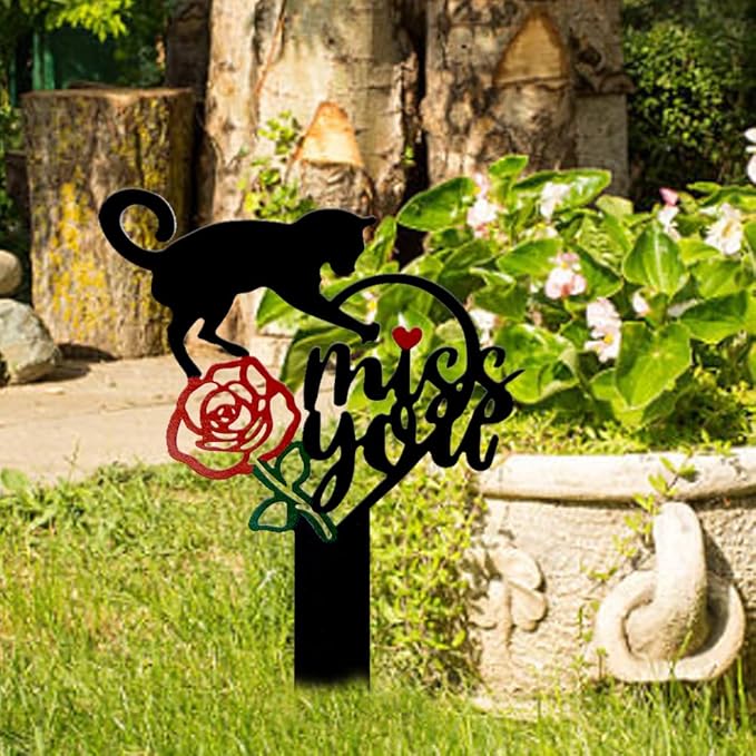 Memorial Grave Markers Metal Pet Memorial Stake Cat Memorial Sign,Miss You Sign Pet Plaque Burial Stake for Cemetery Garden Yard Outdoor Grave Decor