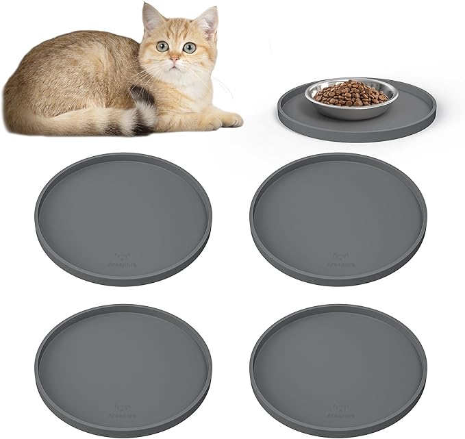 Arespark Cat Food Mat, Set of 4 Nonslip Waterproof Feeding Bowl Silicone Mats with Raised Edges for Food Water Prevent Spills, Round Eating Plates Tray for Dog Cat Puppy Kitten, 8'' x 8''