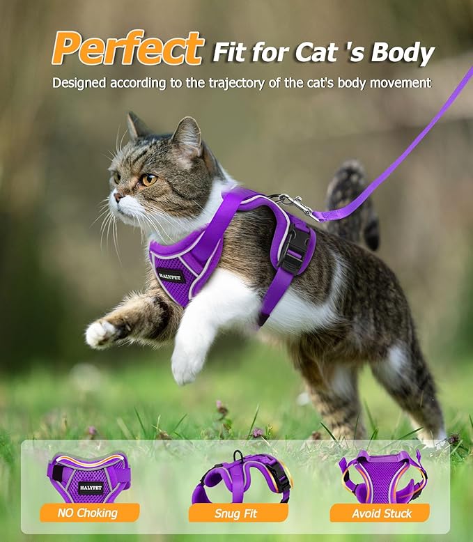 Halypet Cat Harness and Leash Set [MAX Safety 4th-Gen Upgrade] Escape Proof Adjustable Cat Leash Comfortable Soft Vest Easy to Wear Kitten Harness with Reflective Strip for Cats Walking, S Purple