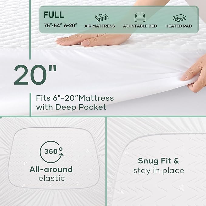 OhGeni 100% Waterproof Mattress Protector,Full Size Mattress Soft Pad,Pet Hair & Bedwetting Resistant,Cooling Breathable Fitted Sheets,Washable Bed Cover,Non-Slip Deep Pocket,Noiseless for Guest Rooms