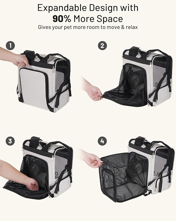 Cat Backpack Carrier with Built-in Cooling Fan & Heating Pad, Expandable Pet Backpack for Cats and Small Dogs up to 16 lbs, Ventilated Travel Carrier for Hiking, Walking & Outdoor, Grey