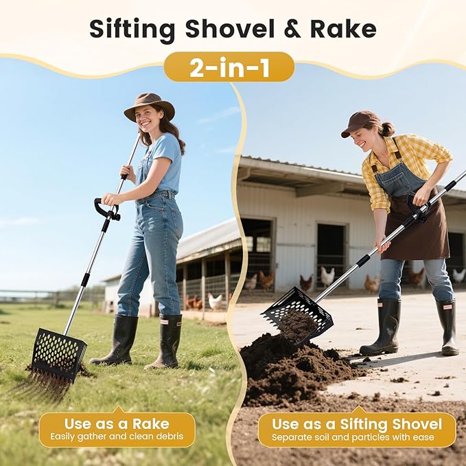 Chicken Poop Scooper and Rake, 2-in-1 Metal Sand Sifting Shovel with 24-68 Inch Adjustable Stainless Steel Handle, Cleaning Tools for Outdoor Chicken Coops, Farm Animals House