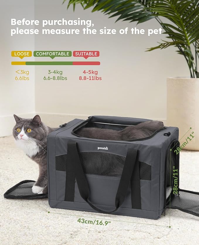 Pecute Cat Carrier Stable, Pet Carrier with Hidden Anxiety Relief Partition & Stable Steel Frame, Safe Cat Carrier for Car Travel, Soft-Sided Dog/Cat Carrier Bag for Pets Up to 11lbs, Dark Gray