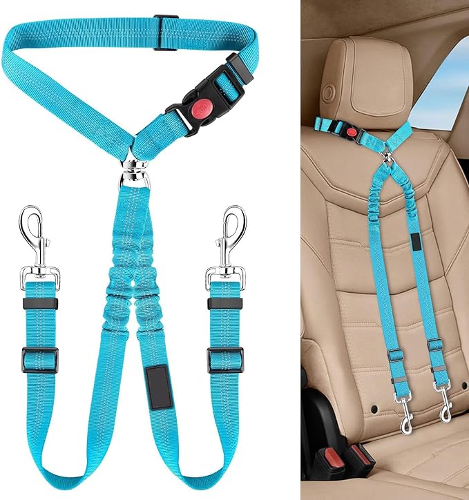 Dog Seat Belt for Car, Dual Pet Vehicle Headrest Restraint Safety Seatbelt,Two Dog Leash No Tangle Dog Car Leash Seat Belt,Duty Adjust Elastic Connect Harness in Vehicle Travel (Blue)