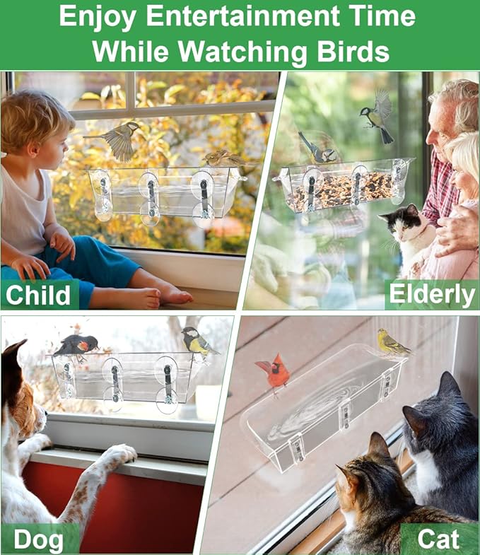 Clear Window Mounted Bird Feeder Bath with Strong Suction Cups for Outside, Transparent Glass Birdfeeder Birdbath for Cats, Kids, Elderly Viewing, 1 Pack