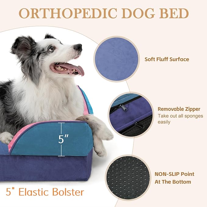 Comfort Expression Orthopedic Dog Bed for Extra Large Dogs 42x30 Inch, Waterproof Egg Crate Foam XL Pet Bed with Removable Bolsters, Dog Couch with Washable Cover & Non-Slip Bottom, Enchanted Cove