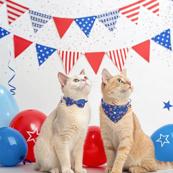 SCENEREAL Independence Cat Collar with Bells, 2 Pack Breakaway Cat Collars with Removable Bowtie Bandana, Adjustable Cute Kitten Collar for Pet Small Dogs Boys Girls