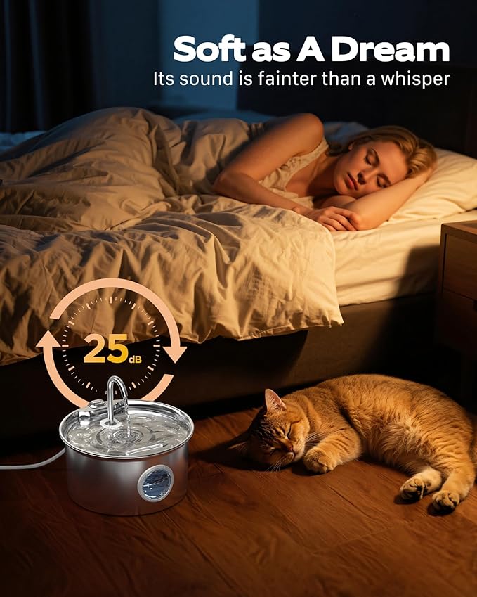 Stainless Steel Cat Water Fountain: Cat Fountain with 6 Filters + 3 Sponges - 88oz/2.6L Pet Water Fountain for Cats Inside - Silent Cats Water Bowl Dispenser - ATMZIQXR Kitty Drinking Fountains