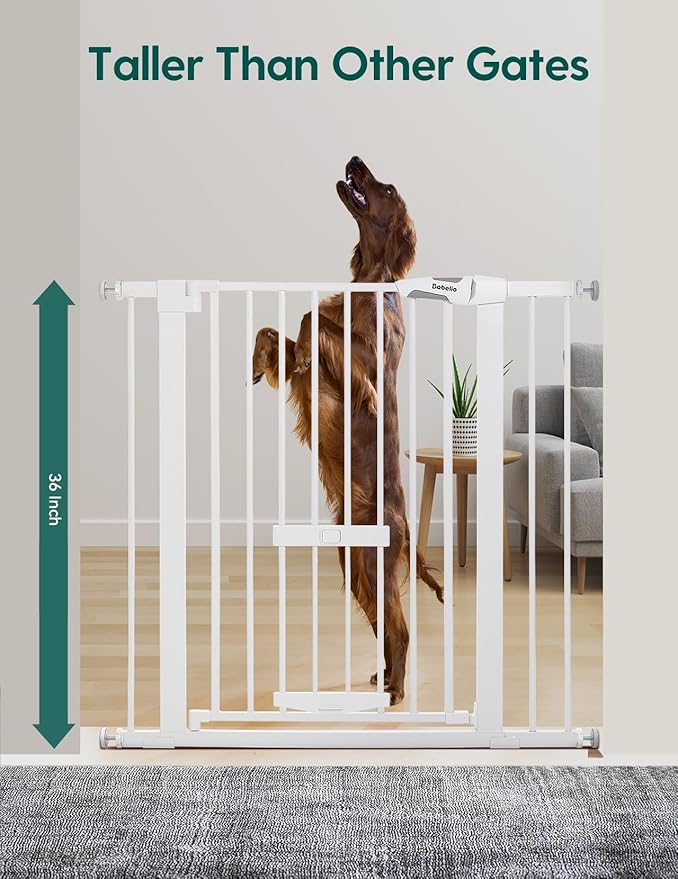 BABELIO 36 Inch Extra Tall Baby Gate with Cat Door, 29-40" Metal Dog Gate, Cat Gate for Stairs, Doorways, Auto Close Safety Gate with Pet Door, Easy Walk Thru, White