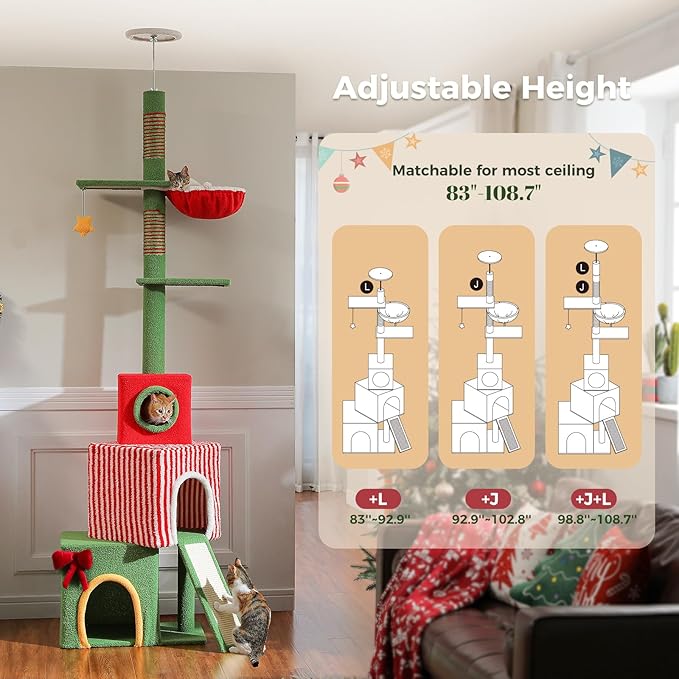 PETEPELA 83-108'' Floor to Ceiling Christmas Cat Tree for Large Indoor Cats, Tall Cat Tower with Adjustable Height with 3 Large Cat Condos, Cozy Hammock, Scratching Posts, Green/Red