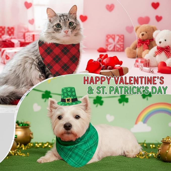 Weewooday 50 Pcs Valentine's & St. Patrick's Day Dog Bandanas Bulk Red & Green Plaid Bandanas for Dogs Soft Triangle Bibs Adjustable Scarf for Small Medium Large Pets(25.6 x 17.7 x 17.7 Inch)