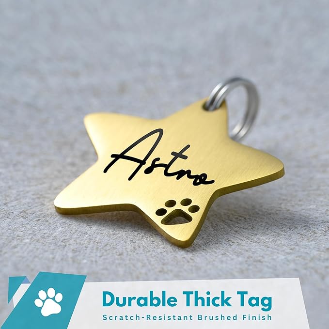 Ultra Joys Dog Tags Personalized for Pets - Hollow Paw Custom Pet ID Tag - Engraved Dog Tag for Small, Large Dogs - Small Star in Gold