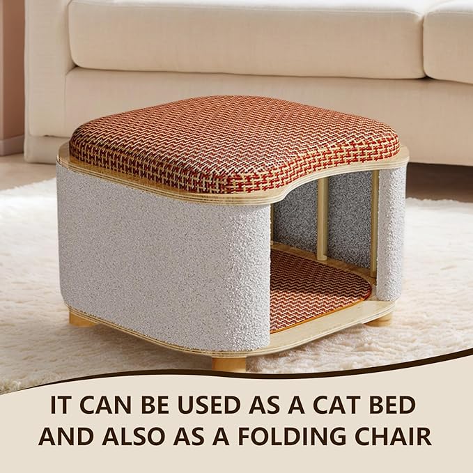 Cat Bed for Indoor Cats – Wooden Cat House with Scratching Pad, Multi-Functional Cat Furniture & Hideaway Stool, Durable Wooden Cat Cabinet Cottage for Kittens
