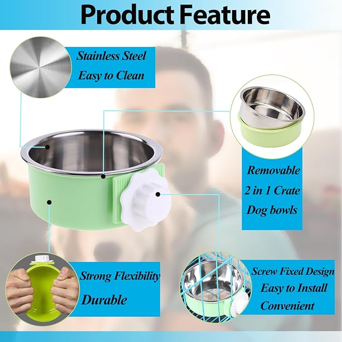 4 Pieces Crate Dog Bowl, Removable Stainless Steel Pet Kennel Hanging Food Water Feeder Bowl Cage Coop Cup for Puppy Medium Dog Cat Rabbit Ferret Bird