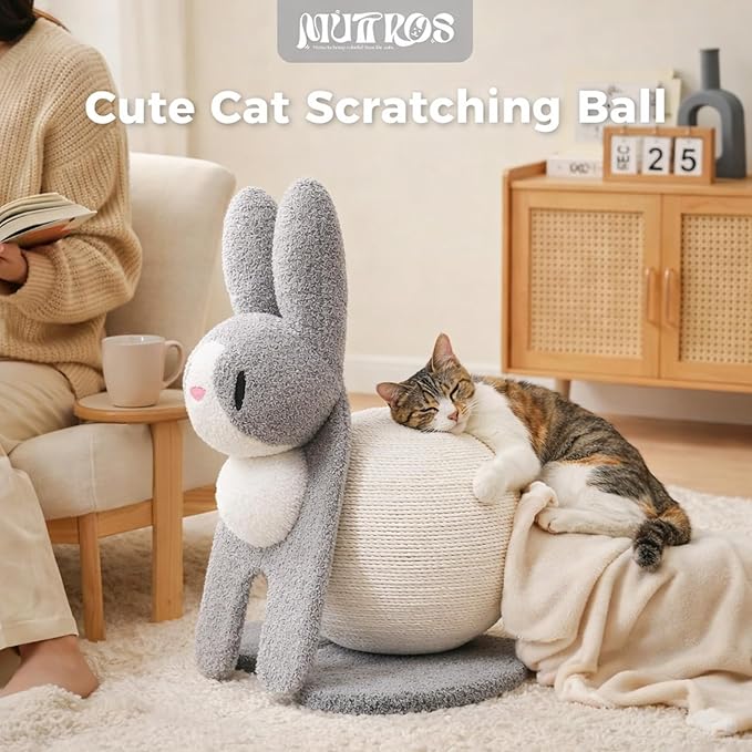 Cute Cat Scratcher- Bunny Style, Cat Scratching Post with Paper Rope, Extra Large Cat Scratch Ball (Ø11.8) for Indoor Kitten, Rabbit Scratch Ball for Kitty to Climb & Play, Gray