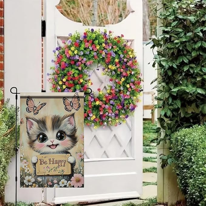 Be Happy Cat Garden Flag 12x18 Inch Double Sided Outdoor Yard Banner Cute Kitten with Butterflies and Flowers for Spring Summer Patio Porch Lawn Home Decoration