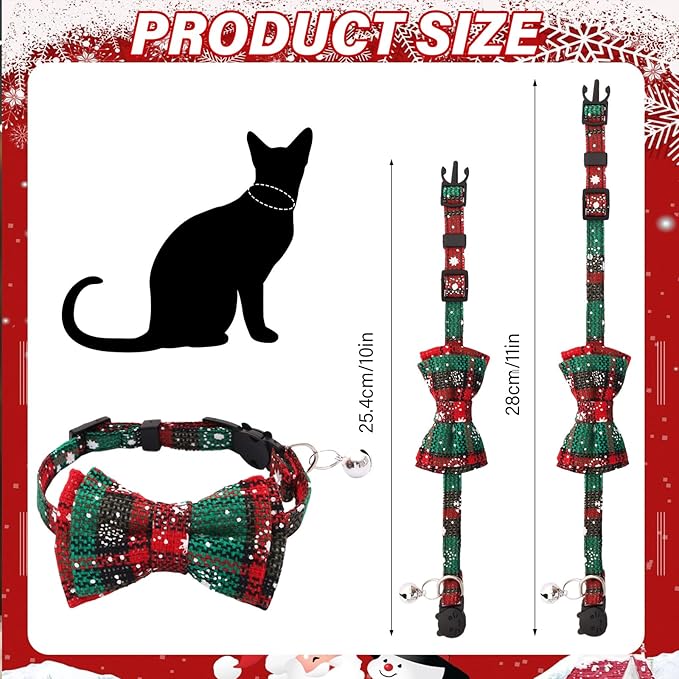 10 Pcs Christmas Cat Collar Breakaway with Bow Tie and Bell Kitten Collars Removable Bowtie Plaid Cat Collar for Cats Kittens Puppy Christmas Supplies