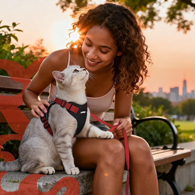 rabbitgoo Cat Harness and Leash for Walking, Escape Proof Soft Adjustable Vest Harnesses for Cats, Easy Control Breathable Reflective Strips Jacket, Black & Red, XS