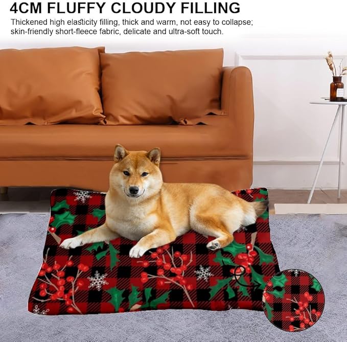 Red Black Plaid Kennel Pad Water Resistant Dog Bed Beds for Household Pets Cozy Dog Beds Non- Slip Bottom Room Accessories Multi- Scenario Bed Pads Gift Printed Mat for Dogs 24× 18 Inch
