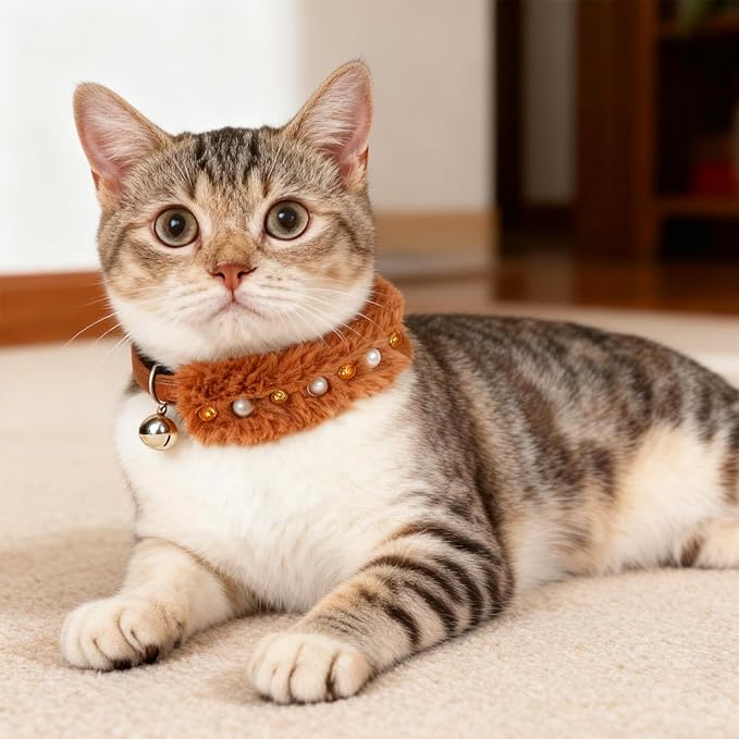 EXPAWLORER Leather Cat Collar - Adjustable Furry Pet Collar with Pearls and Gemstones for Girl Boy Cats, Elegant Plush Collar with Bell & Durable D-Ring, Brown