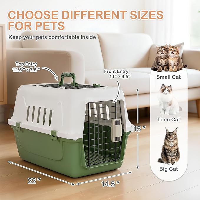 MoNiBloom 22-Inch Dog Crate Plastic 2-Door Top Loading Cat Carrier, Hard-Sided Dog Travel Carrier for Small Dogs and Cats, Ventilation and Security Lock Design for Pets up to 22 lbs (Green)