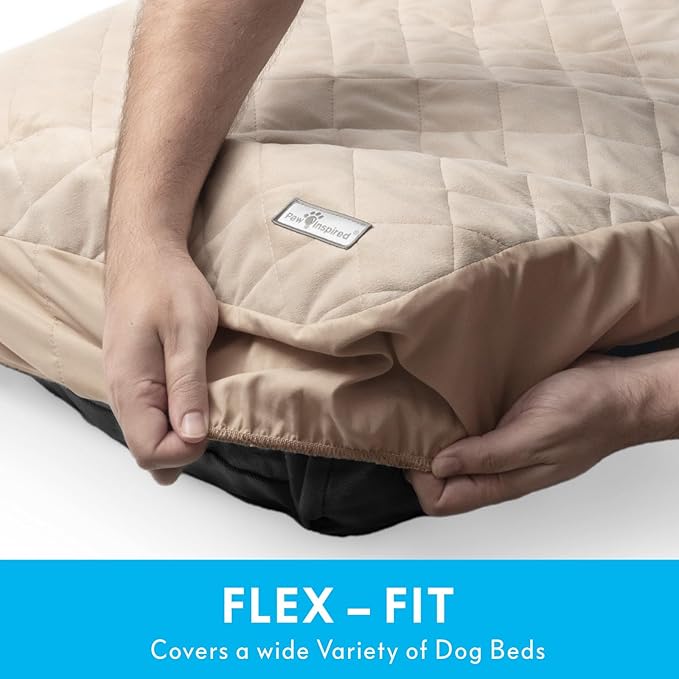 Paw Inspired Waterproof Fitted Cover for Dog Bed | Washable Bed Protector for Dog Mattress | Removable Replacement Cover for Medium to Large Pet Bed (Beige, 36 x 27 x 5 Inch)