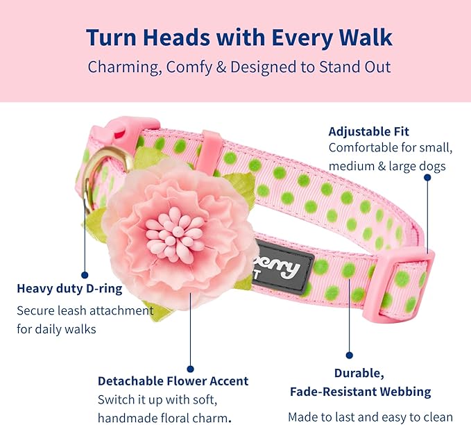 Blueberry Pet Adjustable Flocking Dog Collar with Silk Flower, Polka Dot in Baby Pink, Large - Dog Collars for Small Dogs, Girl Dog Collars, Pink Dog Collar, Neck 18-26"
