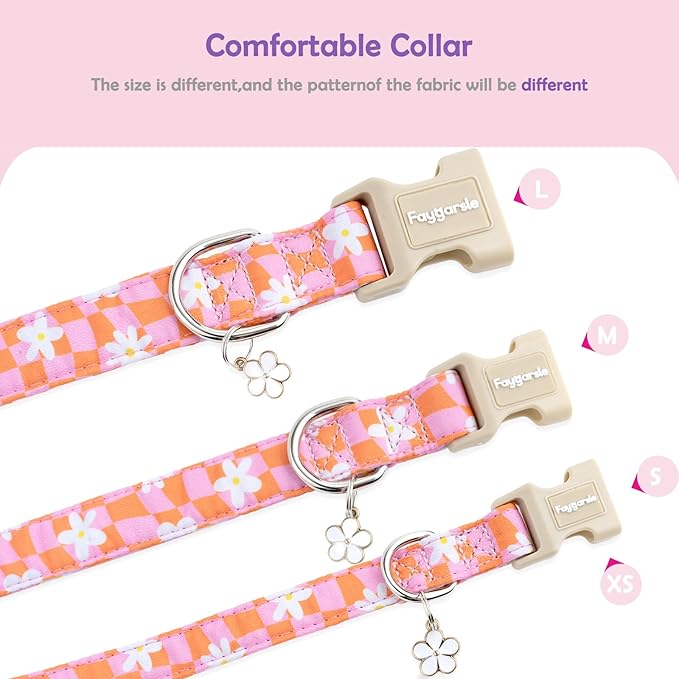 Faygarsle Floral Dog Collar, Pink and Orange Pattern with White Flowers, Spring Summer Design for Small Medium Large Dogs S