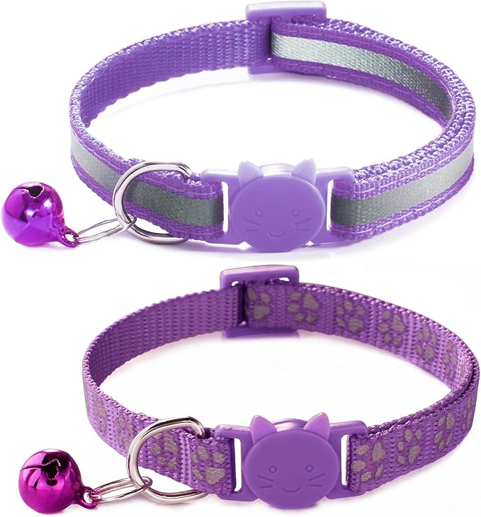 Purple Reflective Cat Collar with Bells, [2 Pack] Break Away Kitten Collar with Bells, Breakaway Cat Collar for Boy Cats Kitty