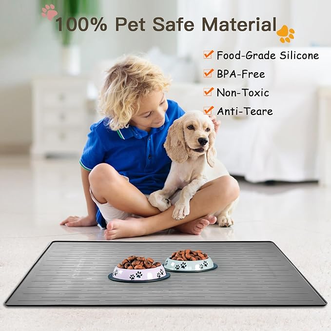 Largest Dog Food Mat, 48"x32" Silicone Dog and Cat Mat for Food and Water Bowls, Thinken Waterproof Non-Slip XXXL Pet Feeding Mat for Floors (Dark Gray)