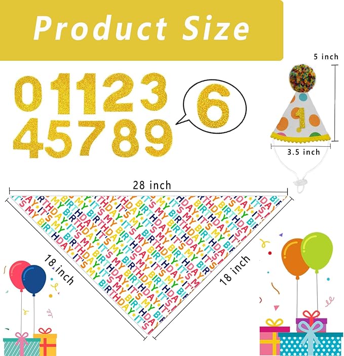 Dog Birthday Bandana Set, It's My Birthday Dog Scarfs, Pet HBD Party Decor Supplies with Colorful Polka Dots Hat Numbers Kerchief for Boy and Girl (Multicolor)